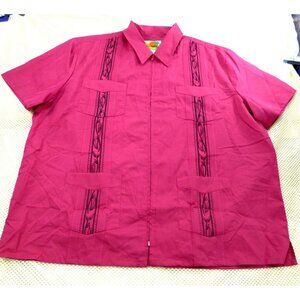 Haband Guayabera 4 Pocket Full Zip Shirt XL Embroidered Wine Red Short Sleeve